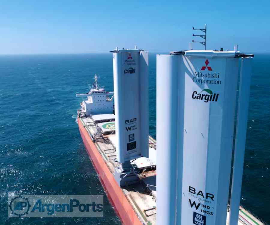 Histórico: un  granelero con propulsión eólica espera para ingresar a Bahía Blanca